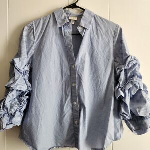 ‼️ 3/$10 ‼️ a new day Blue Striped Women's Blouse with Ruffle Sleeves